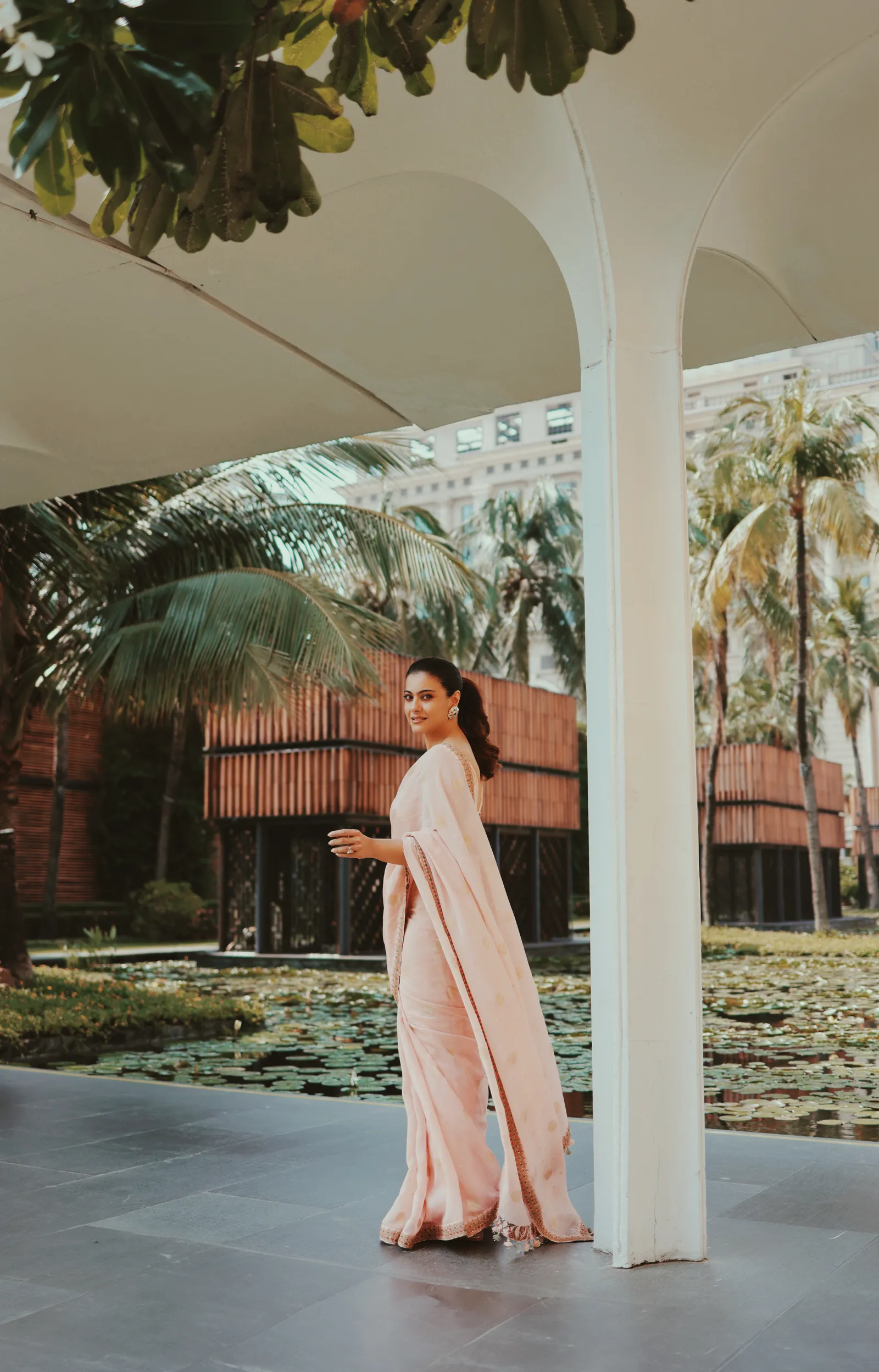 peach organza sari with marodi embroidery